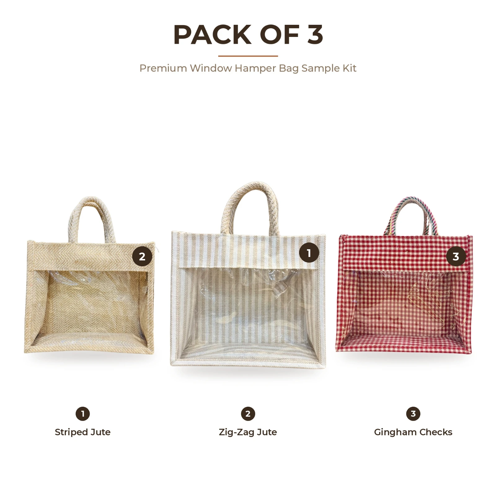 Premium Window Hamper Bag Sample Kit – 3 Jute & Canvas Gift Bags with Clear Window