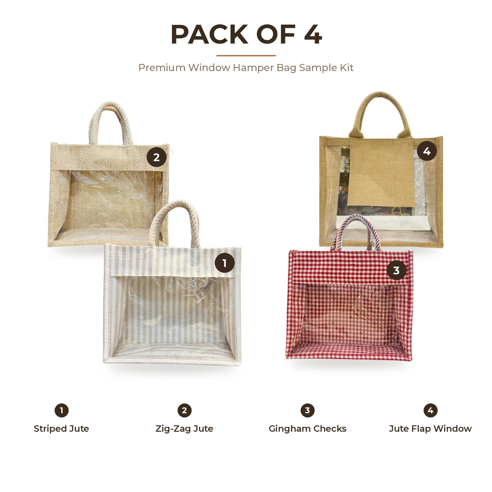 Premium Window Hamper Bag Sample Kit – 4 Jute & Canvas Gift Bags with Clear Window