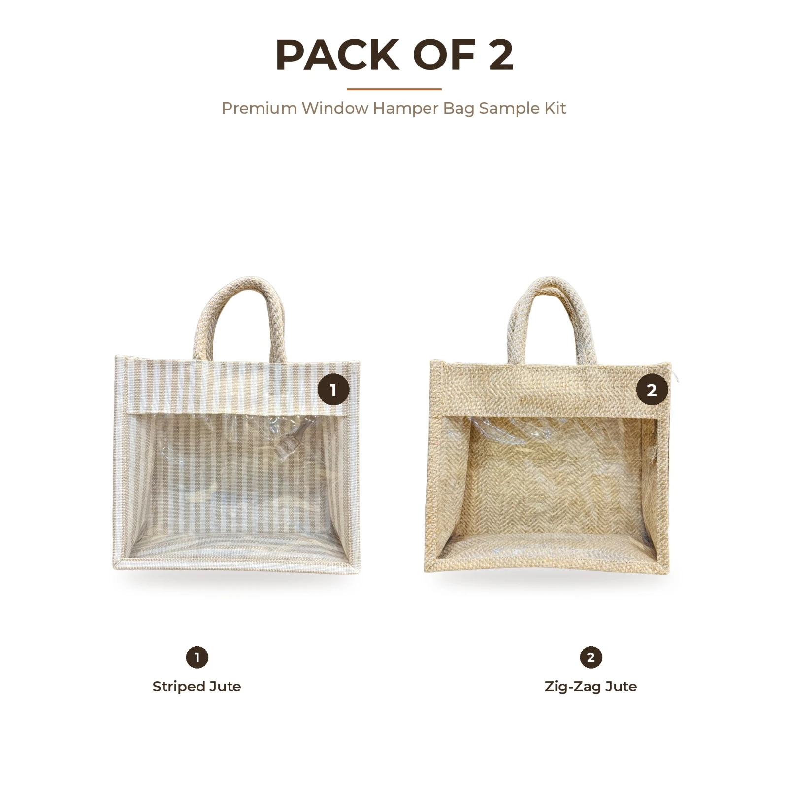 Premium Window Hamper Bag Sample Kit – 2 Jute & Canvas Gift Bags with Clear Window